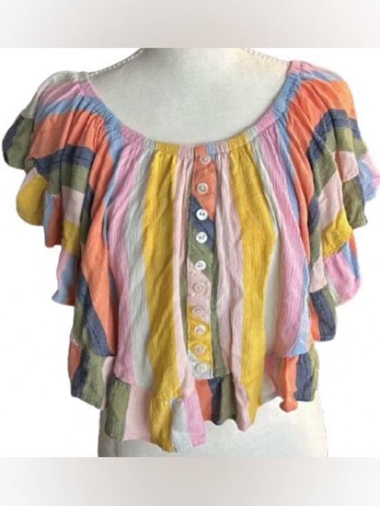 Angie Tops - Crop Angie Pastel Rainbow StripeTop Shirt Large Boho Cropped Ruffle Beach Beachy